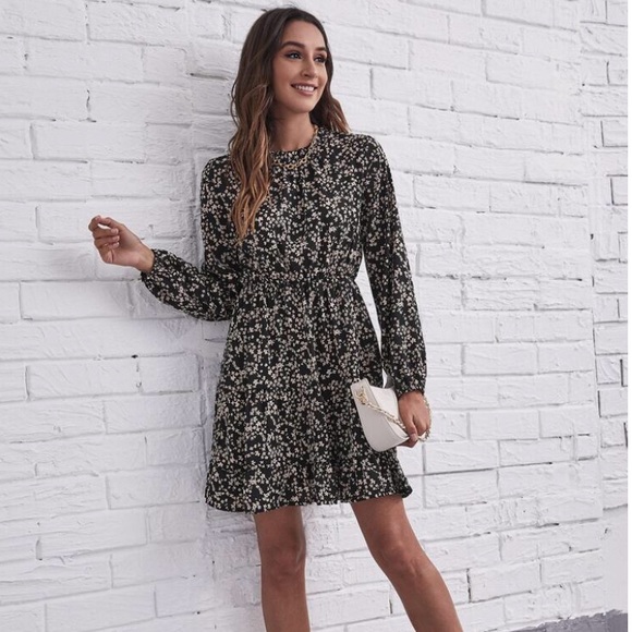 Tie Neck Ruffle Hem Ditsy Floral Dress - Picture 1 of 5